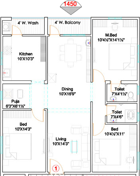 Veda (3BHK+3T (1,450 sq ft) + Pooja Room 1450 sq ft) Veda (3BHK+3T (1,450 sq ft) + Pooja Room 1450 sq ft)