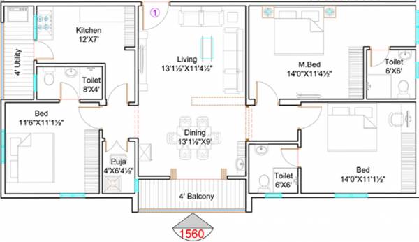 Prime (3BHK+3T (1,560 sq ft) + Pooja Room 1560 sq ft) Prime (3BHK+3T (1,560 sq ft) + Pooja Room 1560 sq ft)