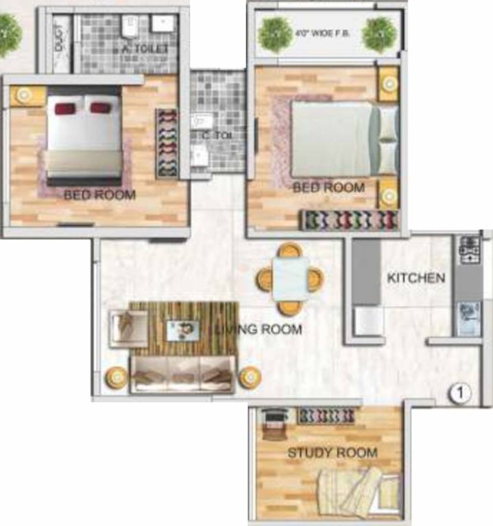 Right Vrindavan (2BHK+2T (1,288 sq ft) + Study Room 1288 sq ft)