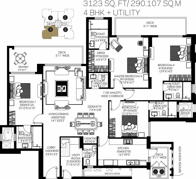 DLF The Crest (4BHK+4T (3,123 sq ft)   Servant Room 3123 sq ft)