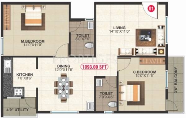 BM Lavendor (2BHK+2T (1,093 sq ft) 1093 sq ft)