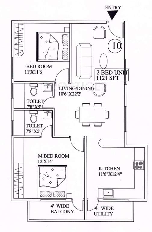 Vascon Pristina (2BHK+2T (1,121 sq ft) 1121 sq ft)