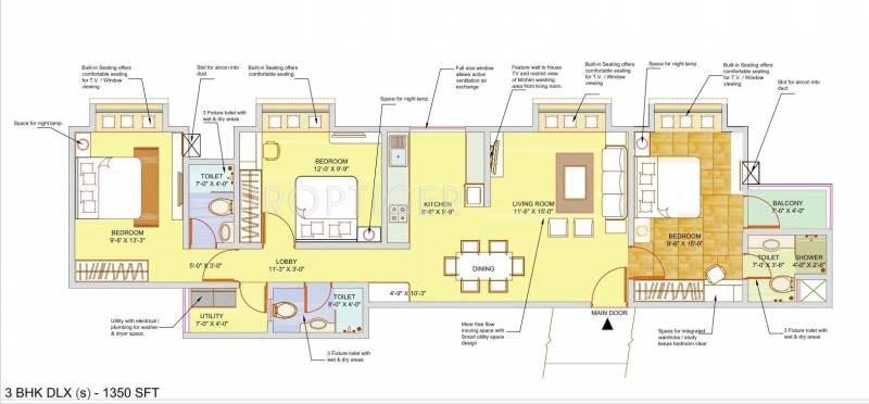 1350 sq ft 3 BHK Floor Plan Image Patel Smondoville