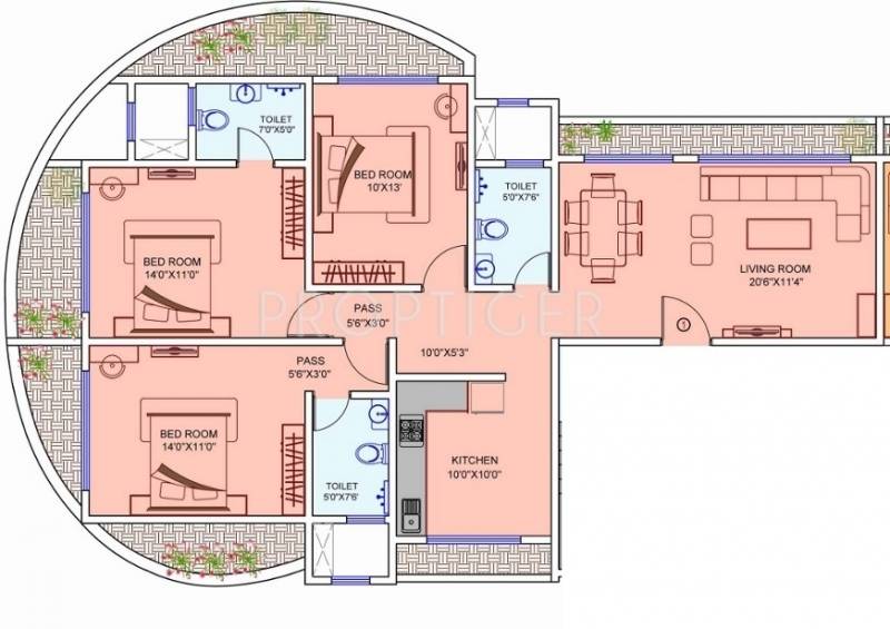 Kamala New Apsara Floor Plan (3BHK+3T)