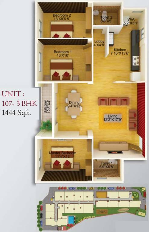 CoEvolve Estates Alcazar (3BHK+2T (1,444 sq ft) 1444 sq ft)