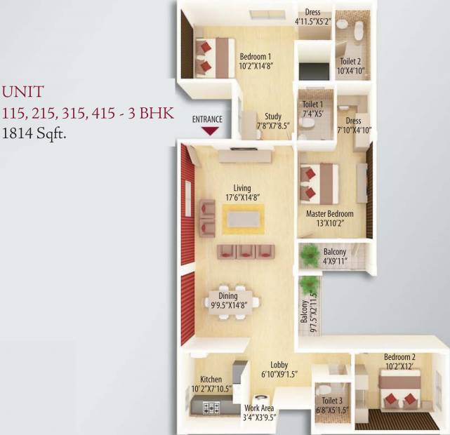 CoEvolve Estates Alcazar (3BHK+3T (1,814 sq ft)   Study Room 1814 sq ft)