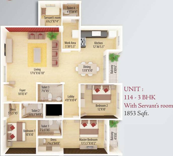 CoEvolve Estates Alcazar (3BHK+3T (1,853 sq ft)   Servant Room 1853 sq ft)