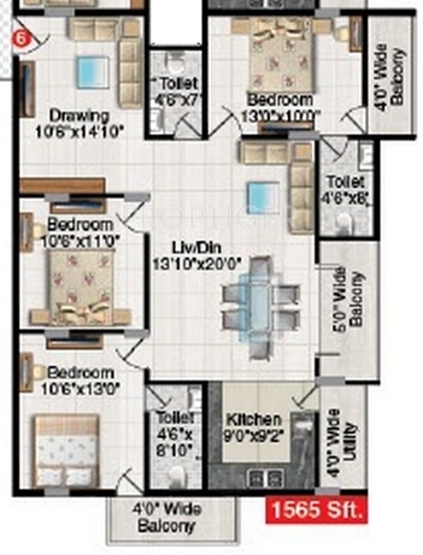 Pavani Sreshta (3BHK+3T (1,565 sq ft) 1565 sq ft)