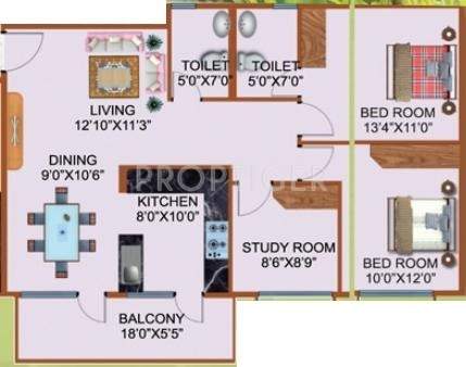 Fortune Sunnyvale (2BHK+2T (1,135 sq ft) Study Room 1135 sq ft)