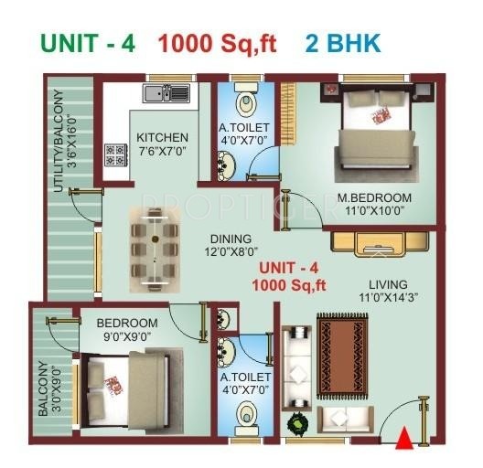  1000  sq  ft  2 BHK  Floor Plan  Image Excel Group Pranav 