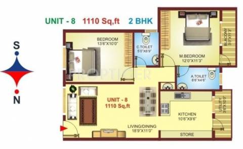 966 sq ft 2 BHK Floor Plan Image - Chola Builders Srinivasa