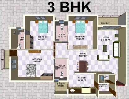942 sq ft 3 BHK Floor Plan Image - Conceptts Flat I Available for sale 