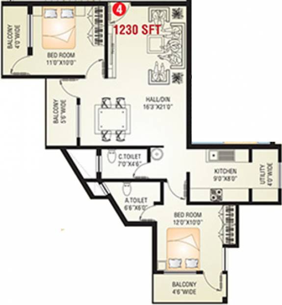 Sagar Realty Promotions Disha Residency Floor Plan (2BHK+2T (1,230 sq ft) 1230 sq ft)