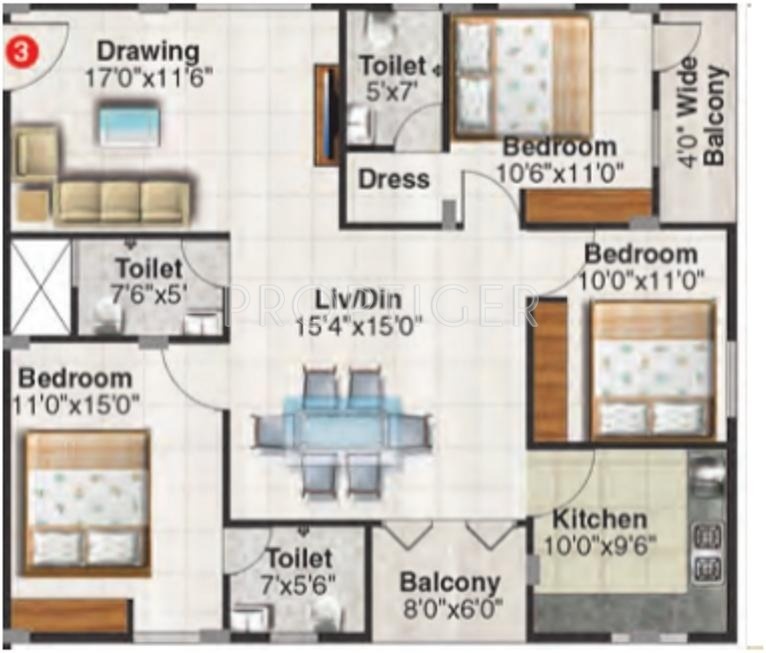 Aashrithaa Purvi Pristine (3BHK+3T (1,550 sq ft) 1550 sq ft)