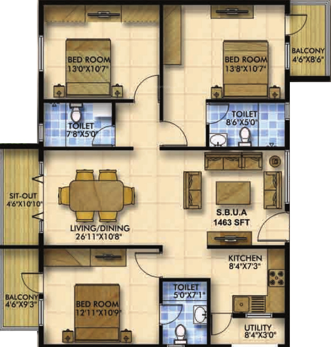 Mahaveer Zephyr (3BHK+3T (1,463 sq ft) 1463 sq ft)