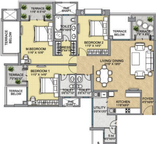 Raheja Raheja Vistas Premiere (3BHK+3T (1,376 sq ft) + Servant Room 1376 sq ft)