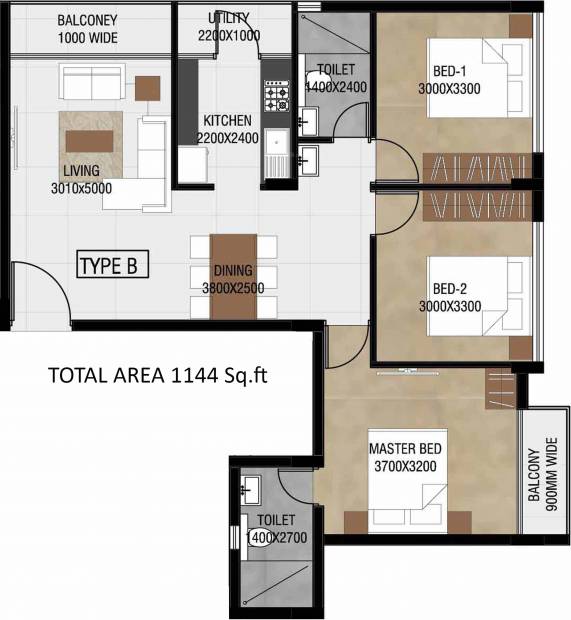 Nucleus Heyday Apartments (3BHK+2T (1,144 sq ft) 1144 sq ft)