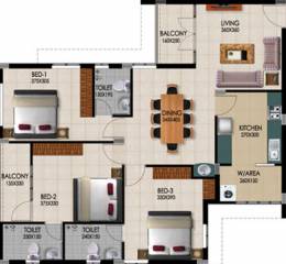Coral Group Sanrock Heritage Floor Plan (3BHK+3T (1,397 sq ft) 1397 sq ft)