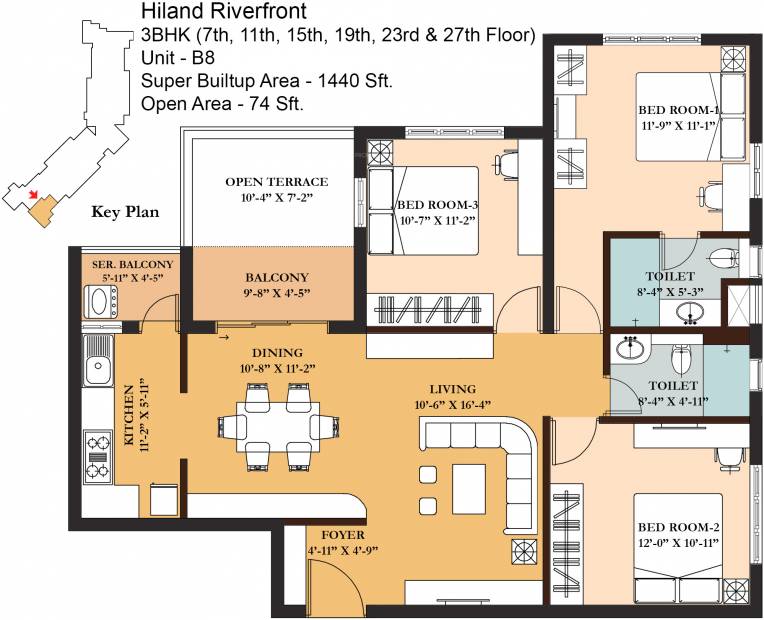 1440 Sq Ft 3 Bhk Floor Plan Image - Hiland Riverfront Available @rs 