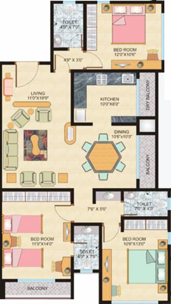 ML Group Vijaya Apartments Floor Plan (3BHK+3T)