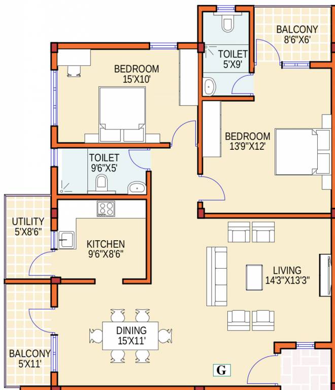 Foundations Prakruthi Floor Plan (2BHK+2T (1,174 sq ft) 1174 sq ft)