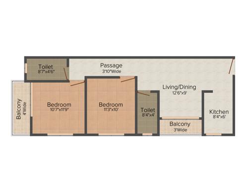 KIC Neelkunj 2BHK+2T (925 sq ft)