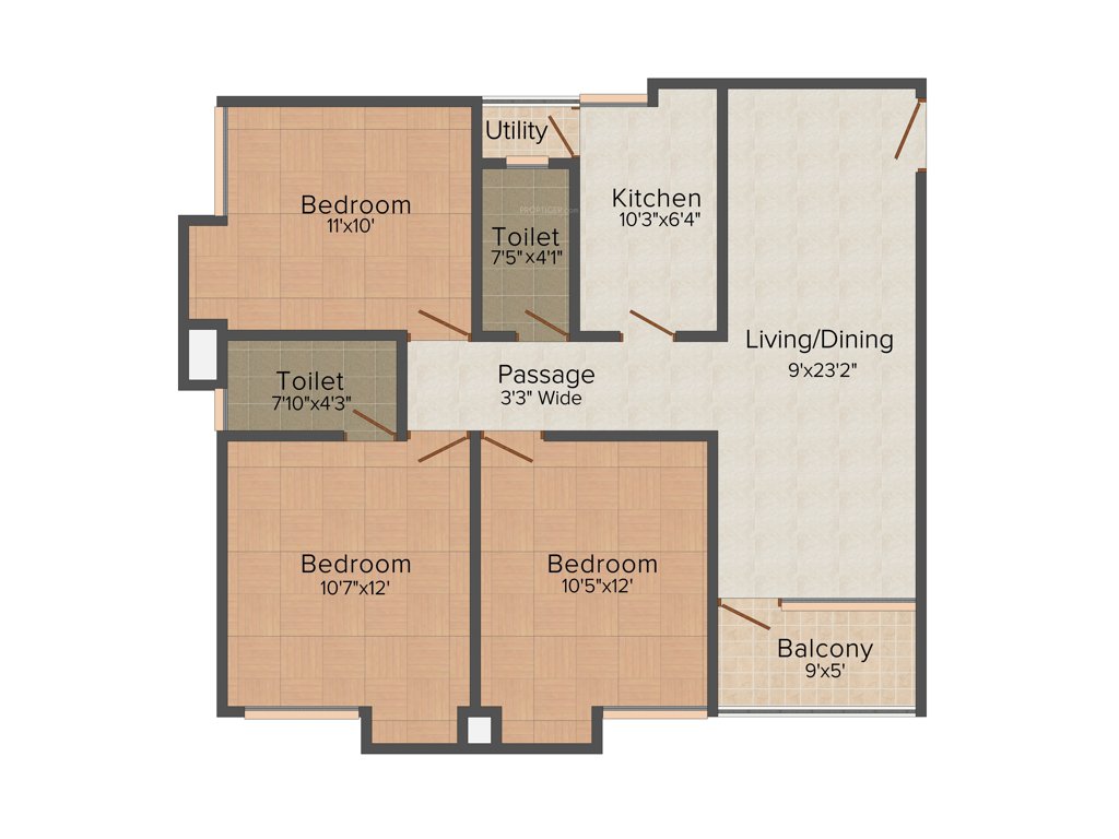 Merlin Vasundhara (3BHK+2T (1,258 sq ft) 1258 sq ft)
