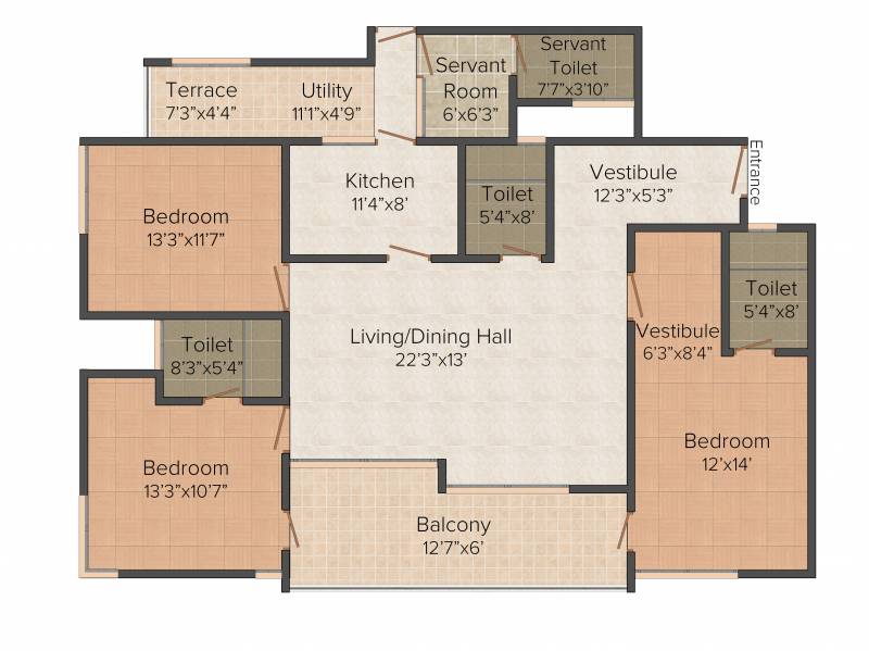 Life SRV (3BHK+3T (1,957 sq ft) + Servant Room 1957 sq ft)