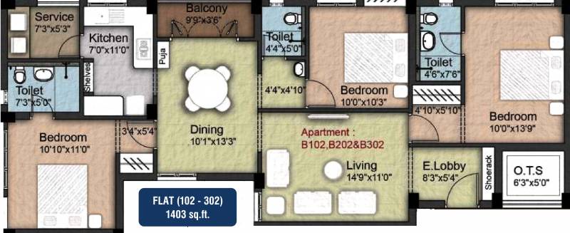 Newry Triton (3BHK+3T (1,403 sq ft) + Pooja Room 1403 sq ft)