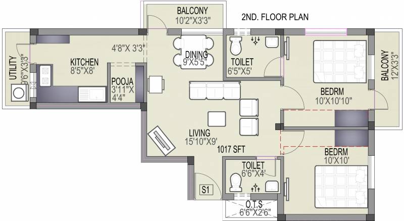 GMB Nest (2BHK+2T (1,017 sq ft) + Pooja Room 1017 sq ft)