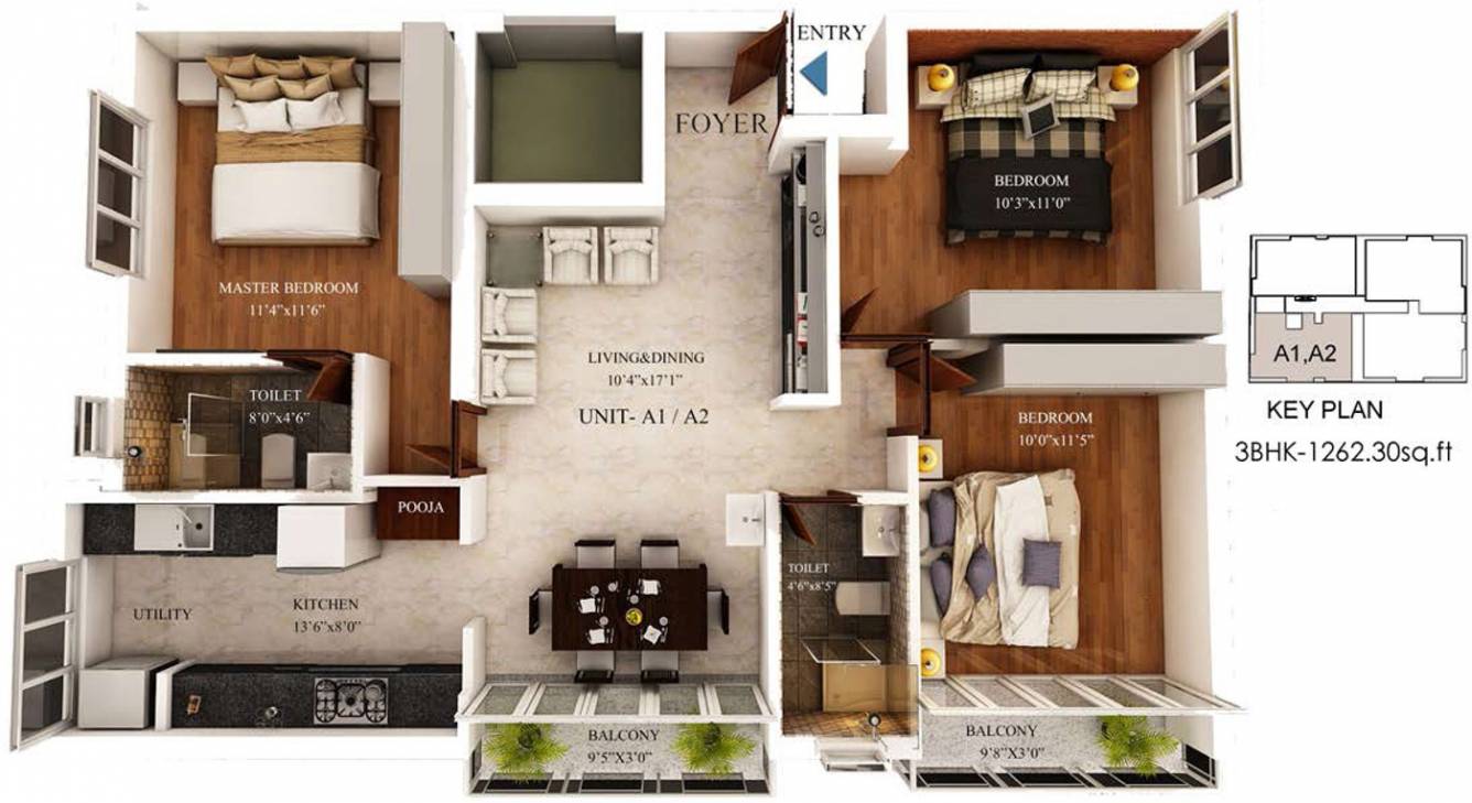 Bluewall Swasthi Residency (3BHK+2T (1,262 sq ft) 1262 sq ft)