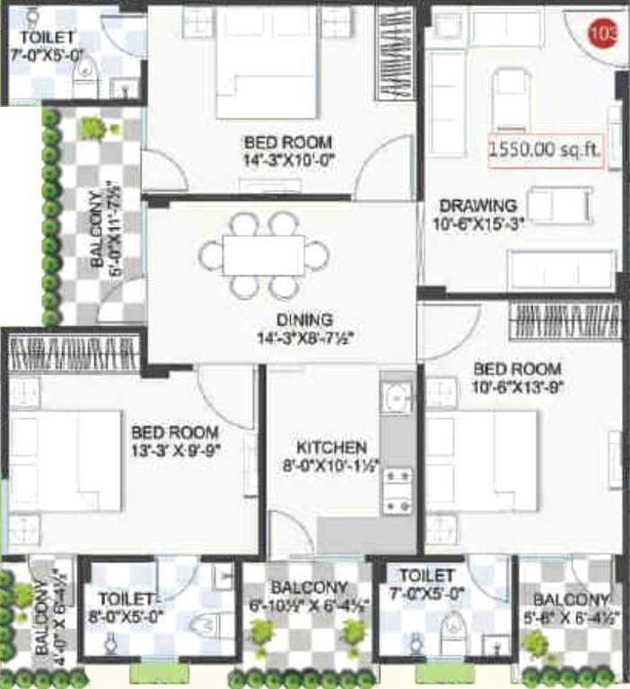 Virat Elegant (3BHK+3T (1,550 sq ft) 1550 sq ft)