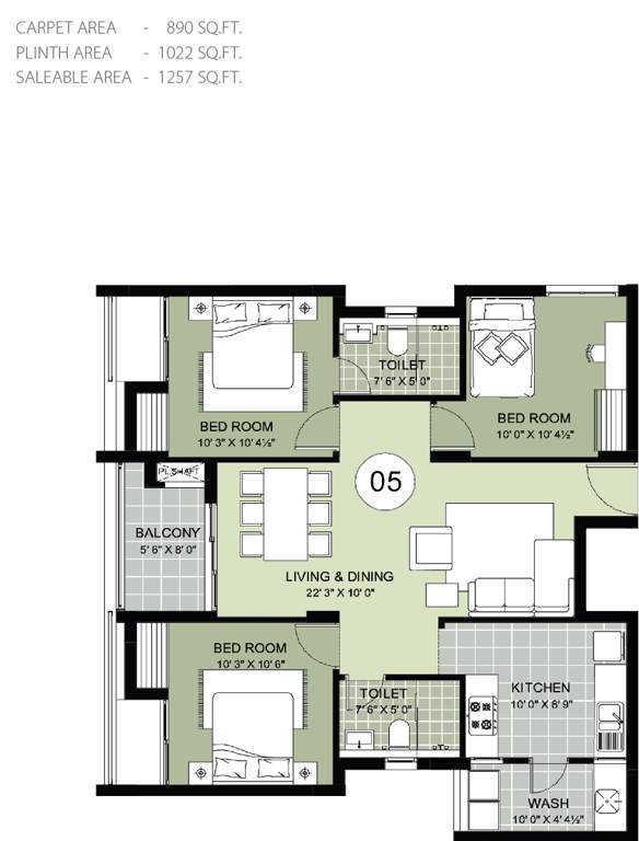 Lancor Lumina (3BHK+2T (1,257 sq ft) 1257 sq ft)