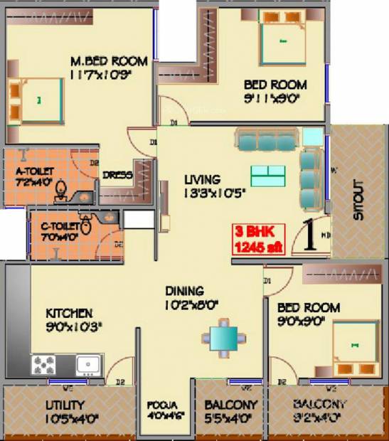 Keystone Properties Sri Sai Residency (3BHK+2T (1,245 sq ft)   Pooja Room 1245 sq ft)