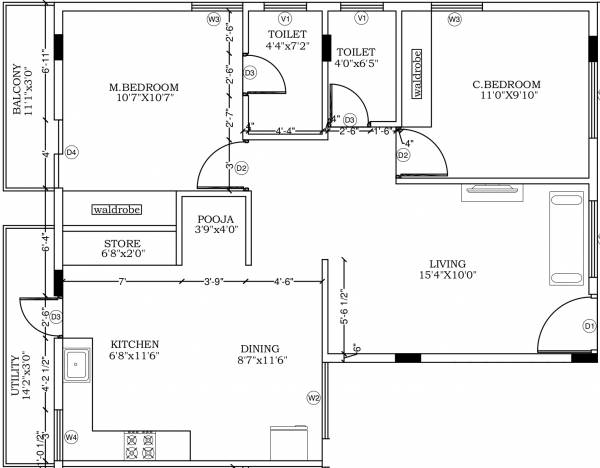 Sriram Bamboos Stanovi (2BHK+2T (1,125 sq ft) + Pooja Room 1125 sq ft)
