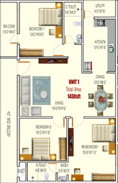 SGR Constructins Pearl Floor Plan (3BHK+2T (1,430 sq ft) 1430 sq ft)