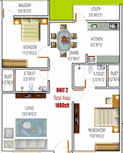 SGR Constructins Pearl Floor Plan (2BHK+2T (1,080 sq ft) 1080 sq ft)