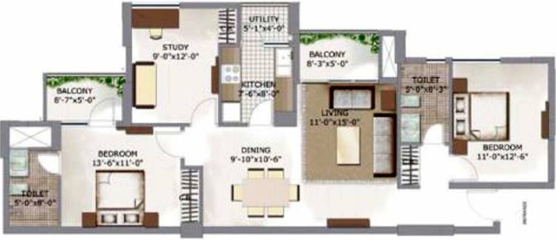Oneiric Epic Residency (2BHK+2T (1,350 sq ft) + Study Room 1350 sq ft)