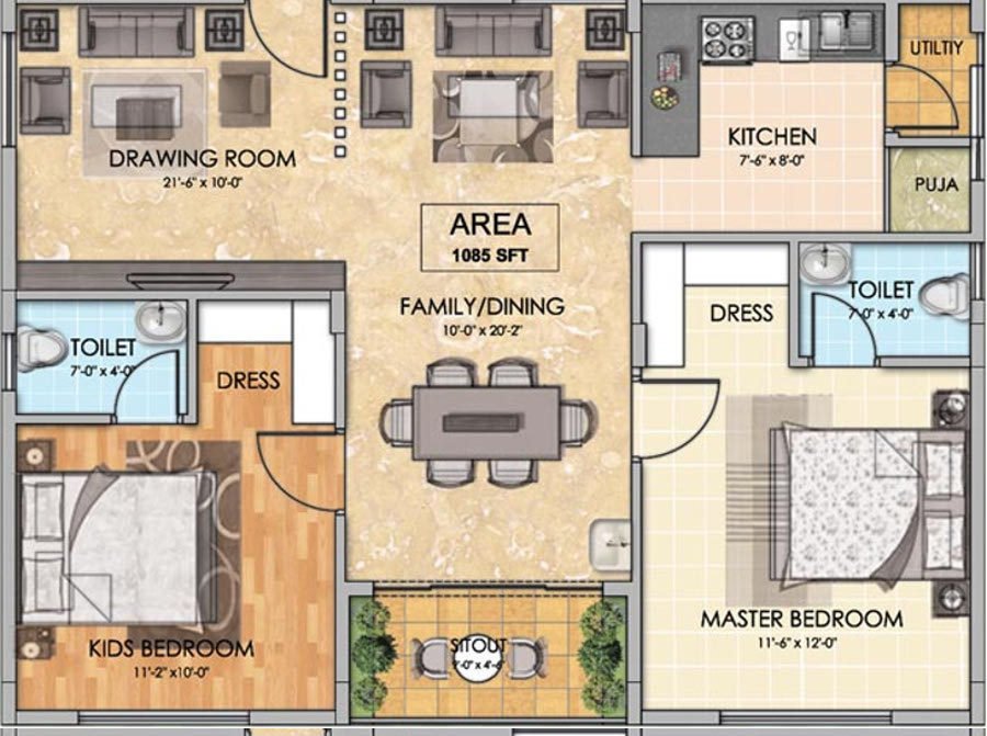 Urbansky Regalia (2BHK+2T (1,080 sq ft) + Pooja Room 1080 sq ft)