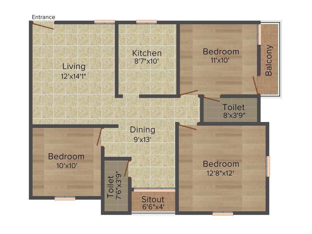 Rampon Sapphire (3BHK+2T (1,153 sq ft) 1153 sq ft)