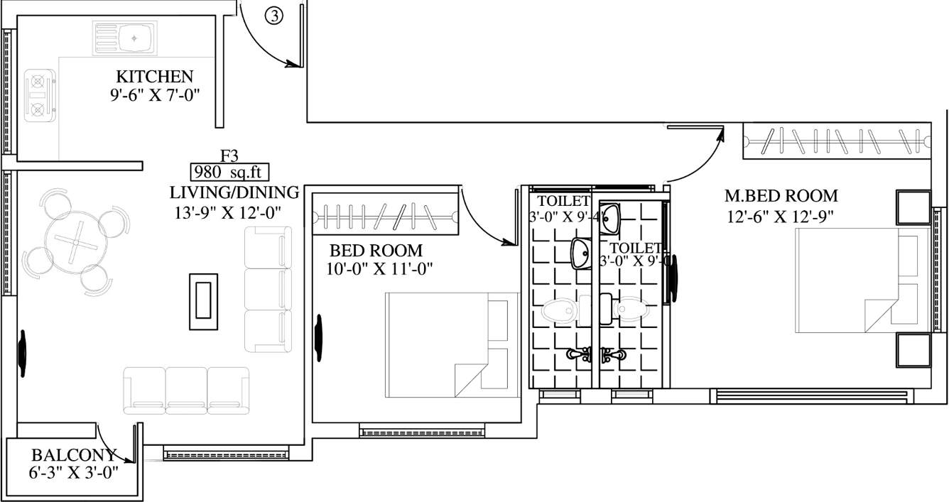 Building Blossom Paradise (2BHK+2T (980 sq ft) 980 sq ft)