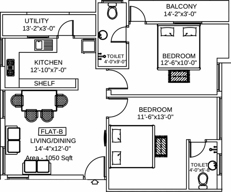 Building Paradise Orange Home Floor Plan (2BHK+2T (1,050 sq ft) 1050 sq ft)