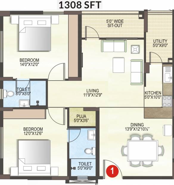 Midwest Elita (2BHK+2T (1,308 sq ft) + Pooja Room 1308 sq ft)