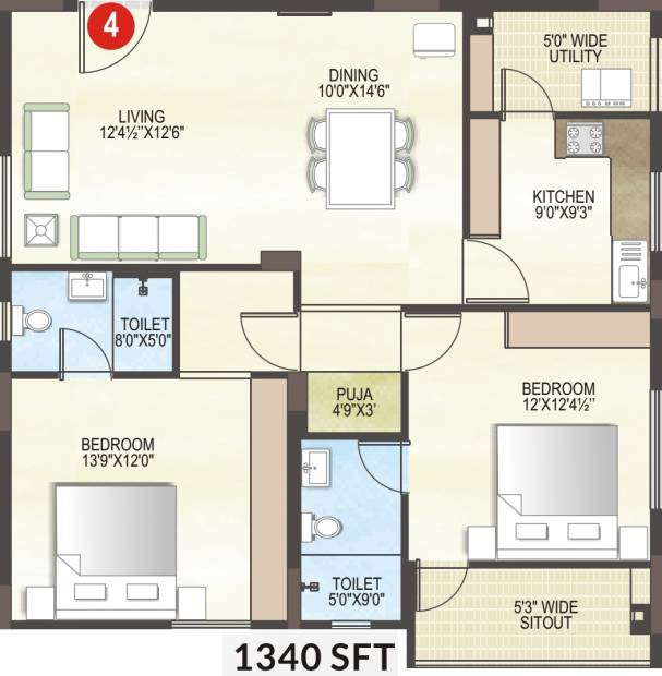 Midwest Elita (2BHK+2T (1,340 sq ft) + Pooja Room 1340 sq ft)