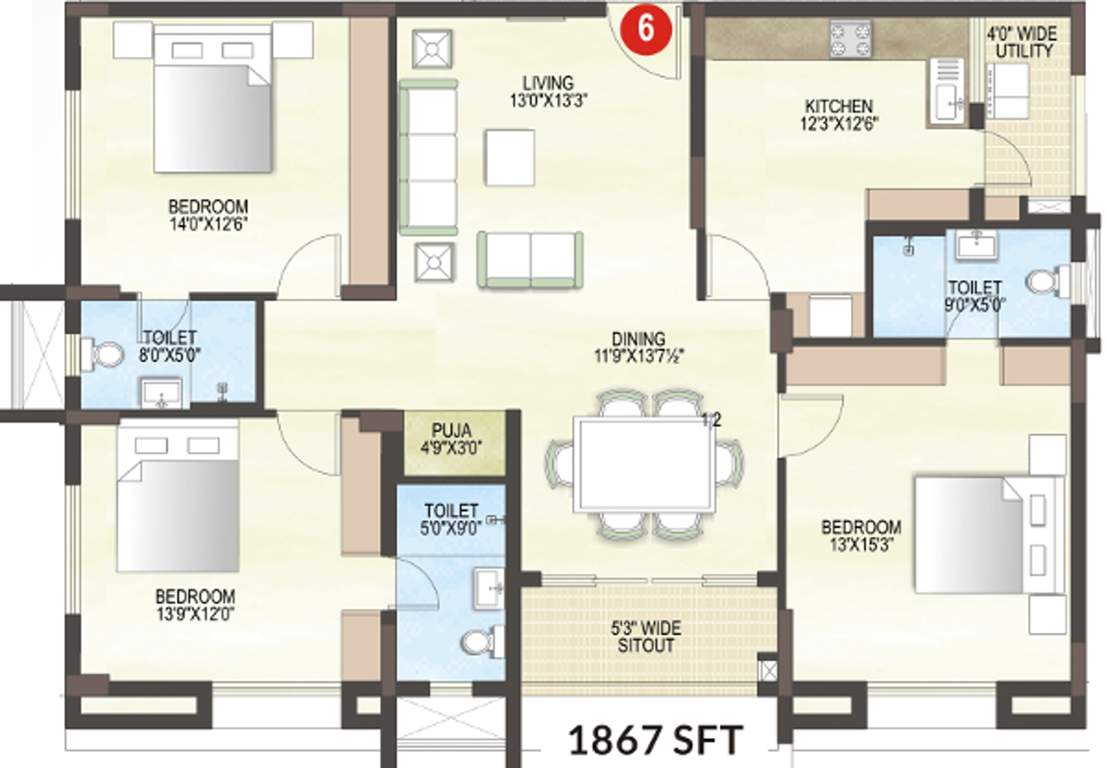 Midwest Elita (3BHK+3T (1,867 sq ft) + Pooja Room 1867 sq ft)