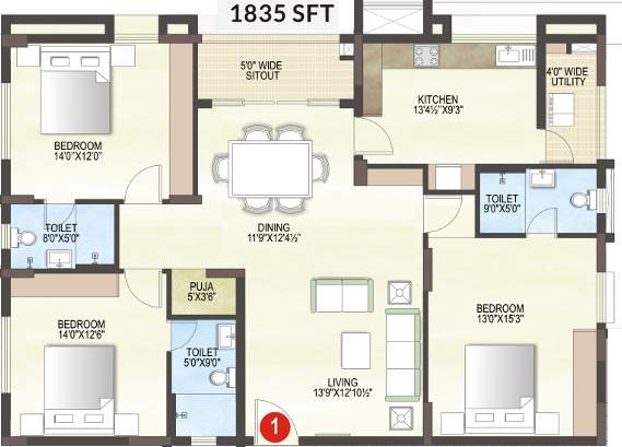 Midwest Elita (3BHK+3T (1,835 sq ft) + Pooja Room 1835 sq ft)