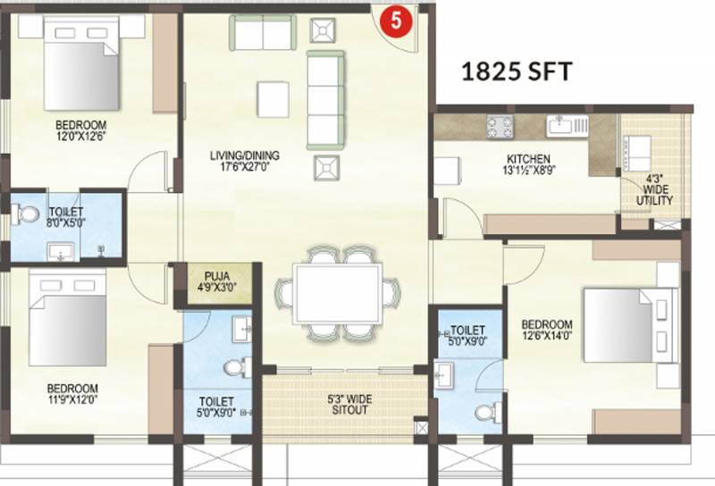 Midwest Elita (3BHK+3T (1,825 sq ft) + Pooja Room 1825 sq ft)