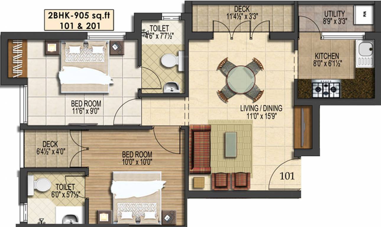 Amaar Vrindavan Enclave (2BHK+2T (905 sq ft) 905 sq ft)