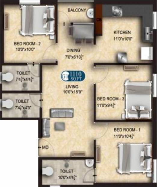 The Nest Hans (3BHK+3T (1,110 sq ft) 1110 sq ft)