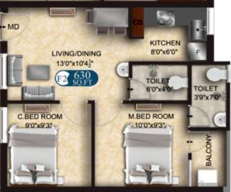 The Nest Hans (2BHK+2T (630 sq ft) 630 sq ft)